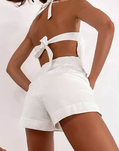 White Backless Elastic Waist Romper - BEYAZURA.COM