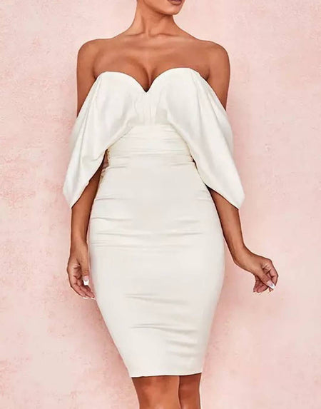 White Drop Shoulder Strapless Dress - BEYAZURA.COM