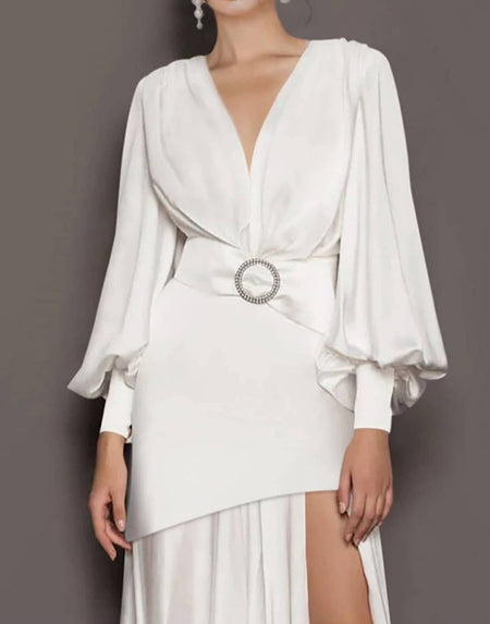 White High Slit Maxi Dress - BEYAZURA.COM