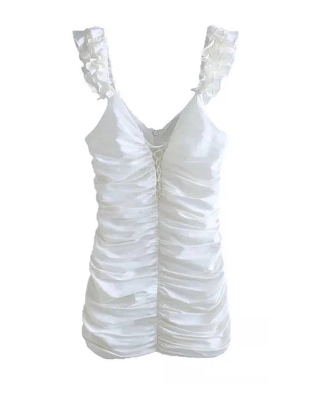 White Ruched Laced Front Dress - BEYAZURA.COM