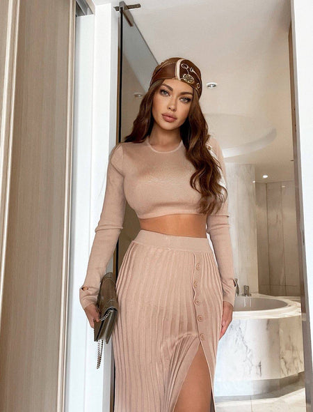 White Side Slit Skirt Crop Top Coord Knit Set - BEYAZURA.COM