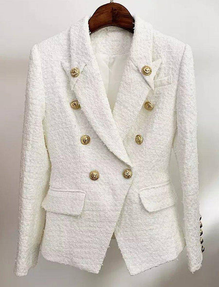 White Tweed Blazer With Decorative Gold Buttons - BEYAZURA.COM