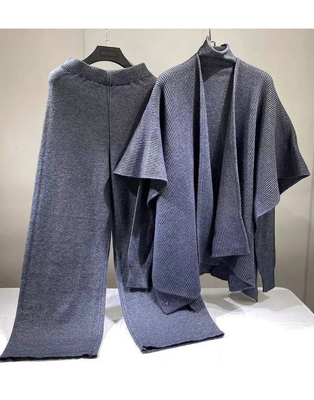 Wide Leg Pants Shawled Top Knit Three Piece Set - BEYAZURA.COM