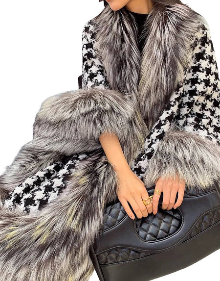 Wool Fox Fur Trimmed Houndstooth Poncho - BEYAZURA.COM