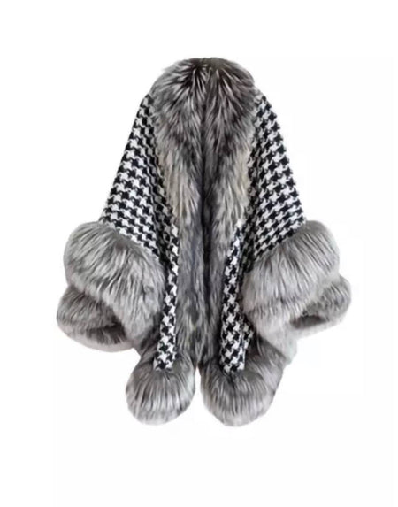 Wool Fox Fur Trimmed Houndstooth Poncho - BEYAZURA.COM