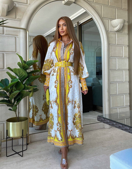 Yellow Ethnic Print Long Shirt Dress - BEYAZURA.COM
