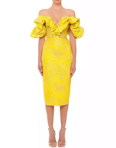 Yellow Knitted Jacquard Bandage Dress - BEYAZURA.COM