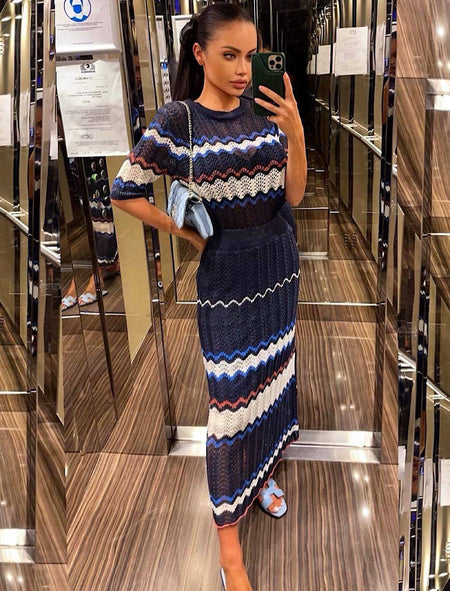 Zig Zag Pattern Knitted Skirt Co Ord Set - BEYAZURA.COM