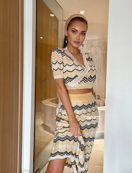Zig Zag Pattern Knitted Skirt Top Set - BEYAZURA.COM