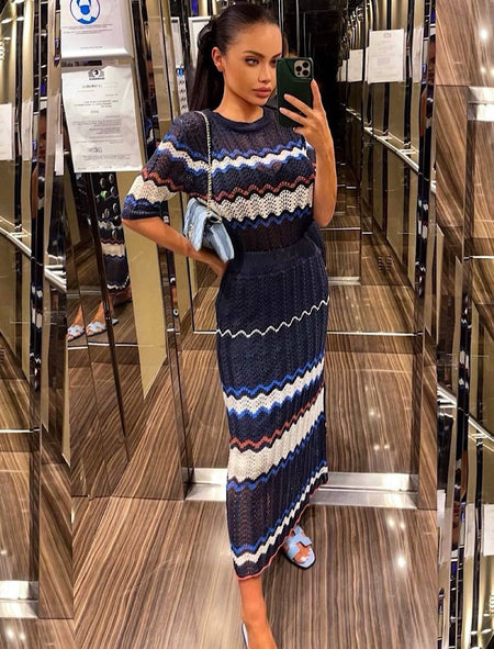 Zig Zag Patterned Knitted Skirt Co Ord Set - BEYAZURA.COM