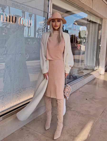 Ribbed Knit Midi Dress And High Neck Pullover Two Piece Set - Beyazura.com