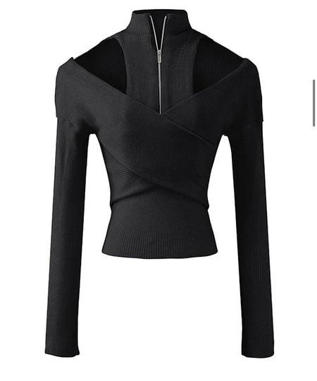 Ribbed Knit Wrap Zipped Sweater In Black - BEYAZURA.COM