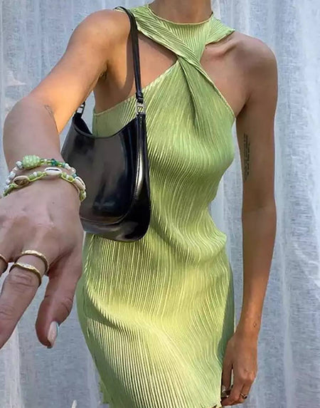 Pleated Twisted Front Short Dress - Beyazura.com