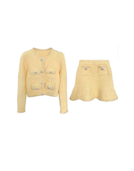 Yellow Knit Jacket And Skirt Set - BEYAZURA.COM