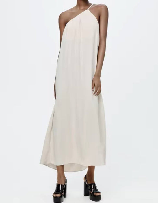 Beige Asymmetric Neck Loose Long Dress