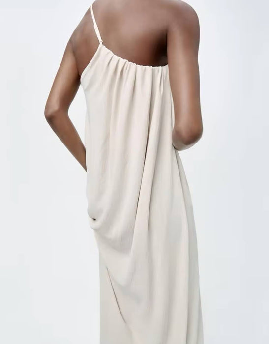 Beige Asymmetric Neck Loose Long Dress