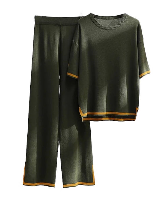 Scoop Neck And Cropped Pants Knit Loungewear Set In Beige - BEYAZURA.COM