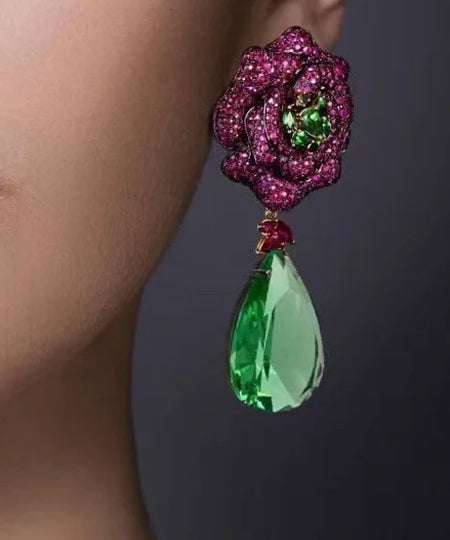 Floral Diamond Drop Earrings In Hot Pink - BEYAZURA.COM
