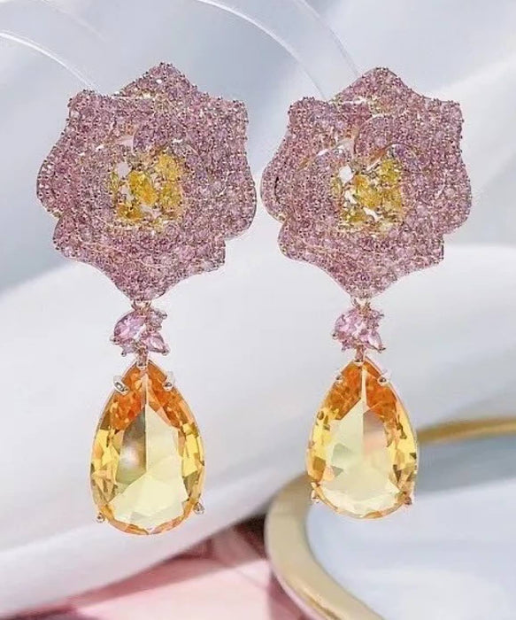 Floral Diamond Drop Earrings In Hot Pink - BEYAZURA.COM