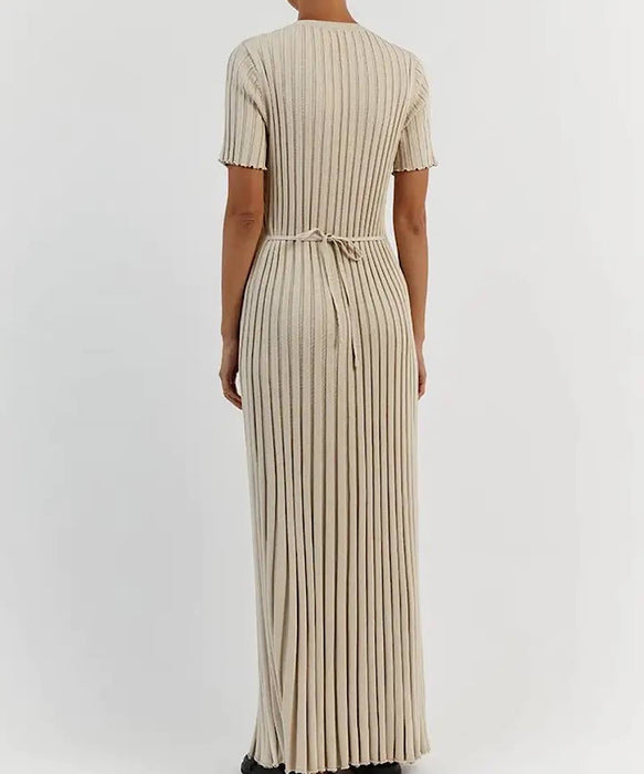 Short Sleeve Knitted Long Maxi Dress In Black - BEYAZURA.COM
