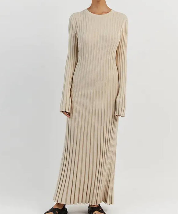 Long Sleeve Knitted Long Maxi Dress In White - BEYAZURA.COM