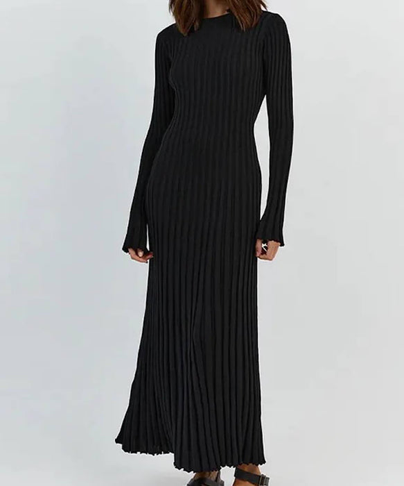 Long Sleeve Knitted Long Maxi Dress In Beige - BEYAZURA.COM