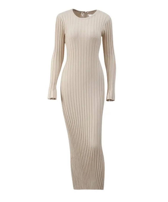 Long Sleeve Knitted Long Maxi Dress In Beige - BEYAZURA.COM