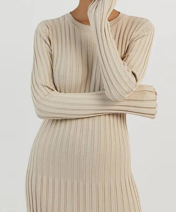 Long Sleeve Knitted Long Maxi Dress In White - BEYAZURA.COM