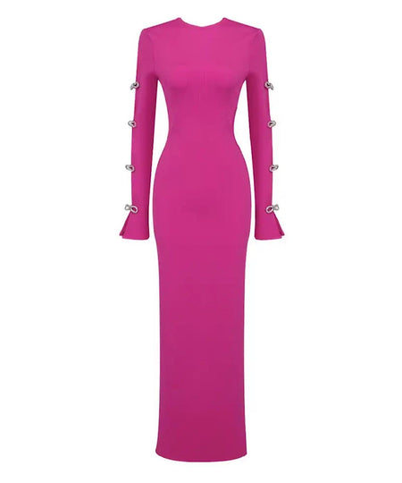 Hot Pink Slim Rhinestone Sleeve Long Dress - BEYAZURA.COM