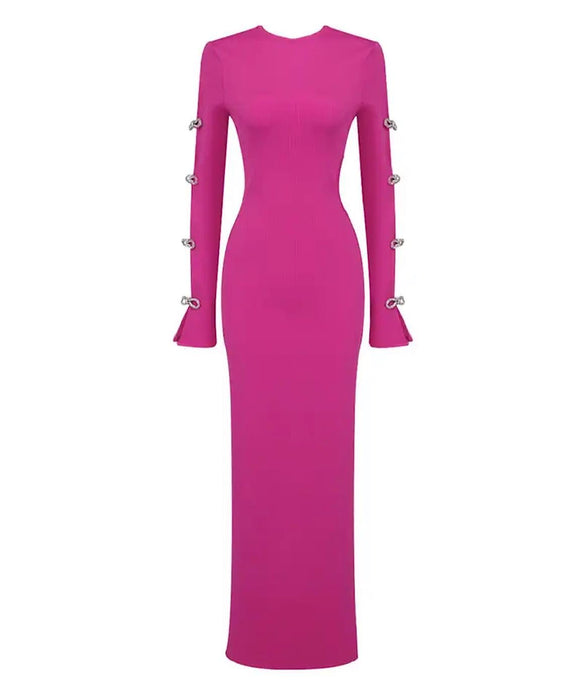 Hot Pink Slim Rhinestone Sleeve Long Dress - BEYAZURA.COM