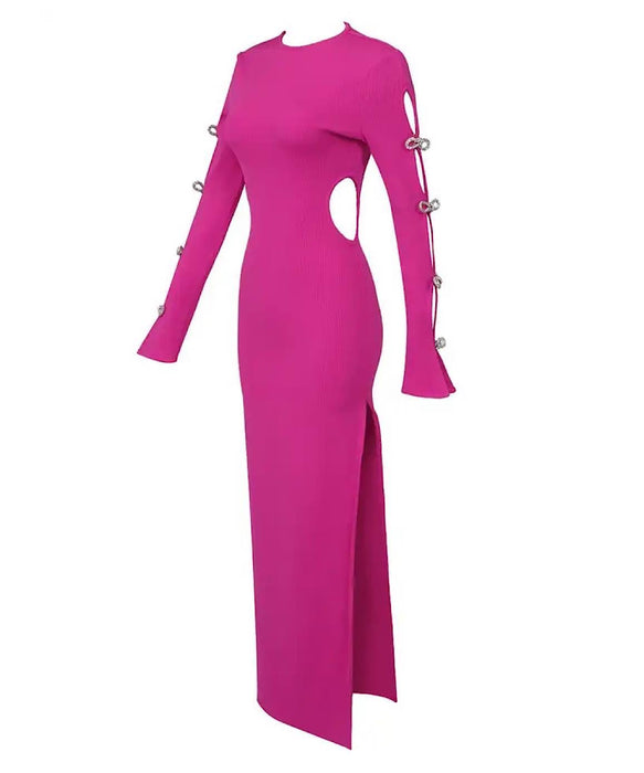 Hot Pink Slim Rhinestone Sleeve Long Dress - BEYAZURA.COM