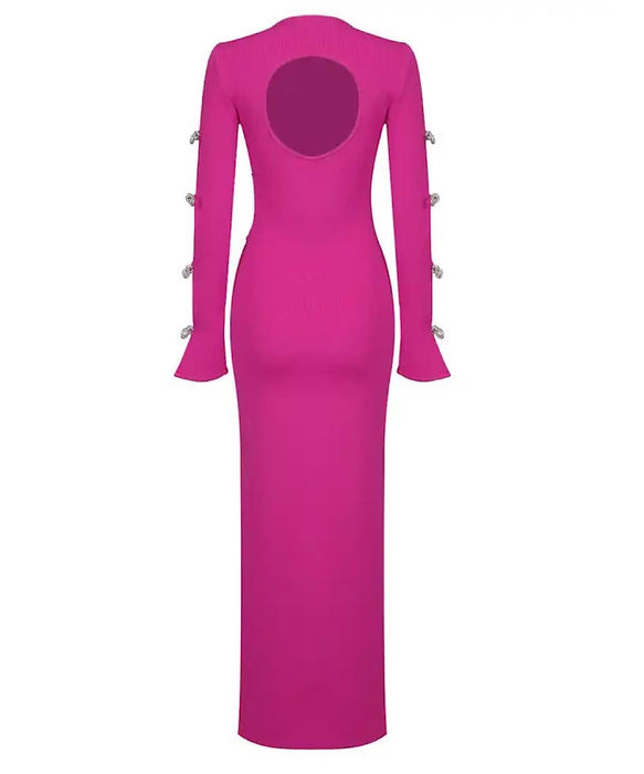 Hot Pink Slim Rhinestone Sleeve Long Dress - BEYAZURA.COM