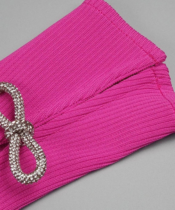 Hot Pink Slim Rhinestone Sleeve Long Dress - BEYAZURA.COM