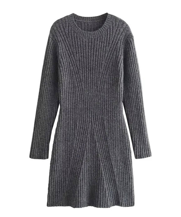 Long Sleeve Stripe Knit Short Dress In Gray