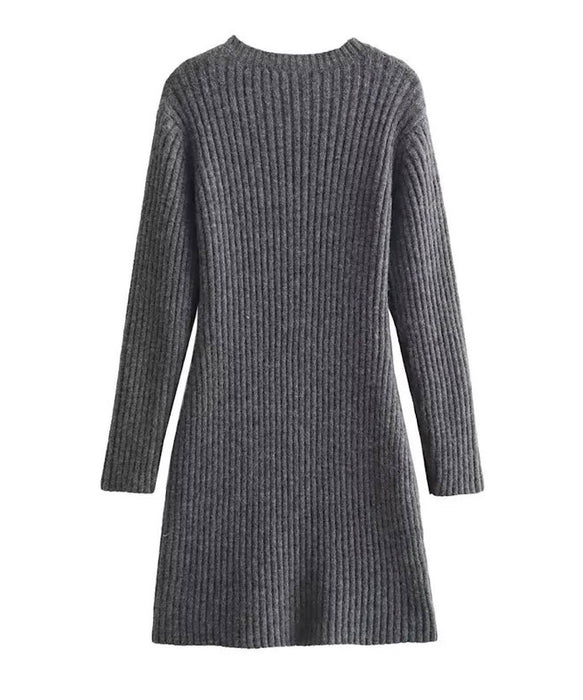 Long Sleeve Stripe Knit Short Dress In Gray