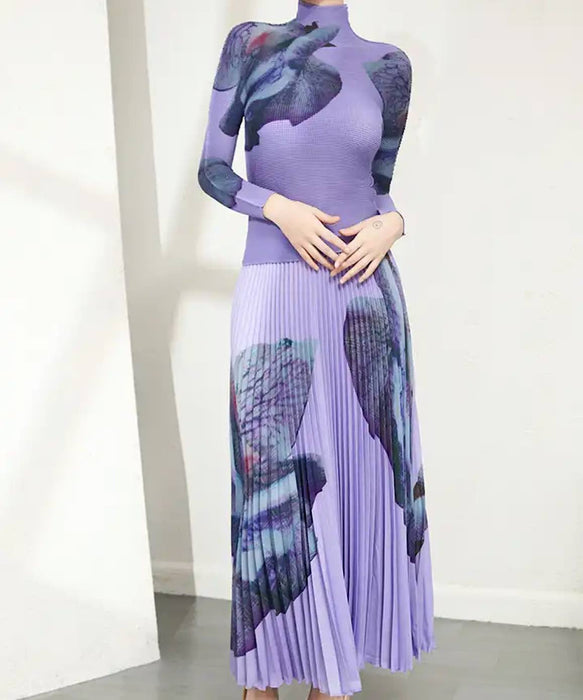 Printed Long Sleeve With Long Skirt Set In Blue