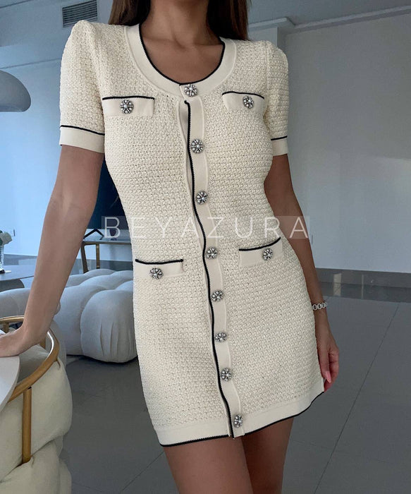 Pearl Button Short Knit Dress - BEYAZURA.COM