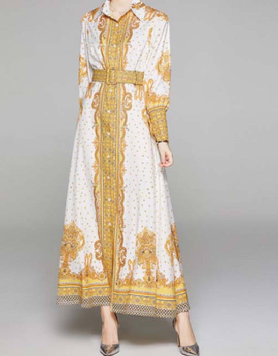 Yellow Ethnic Print Long Shirt Dress