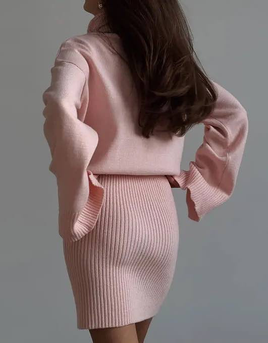 Turtleneck Sweater And Skirt Knit Set