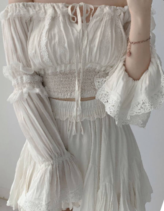 White Two Piece Frill Top and Shorts Set