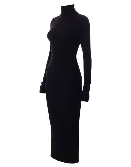 Bodycon Knitted Turtleneck Long Black Dress - BEYAZURA.COM