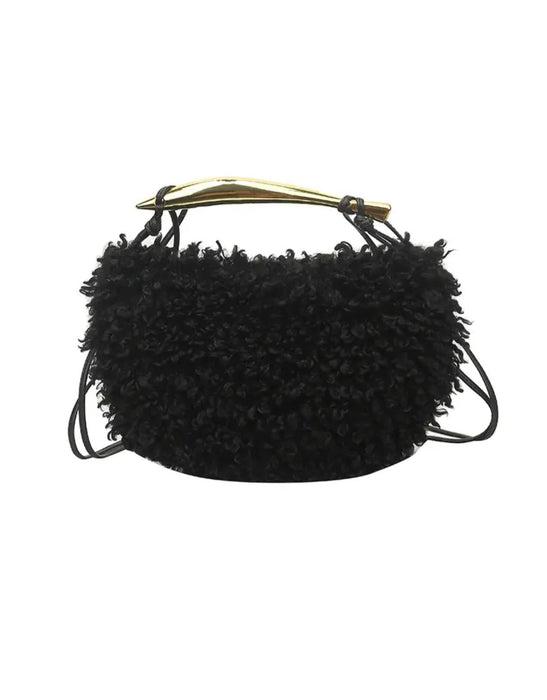 Faux Fur Metal Handle Handbag - BEYAZURA.COM