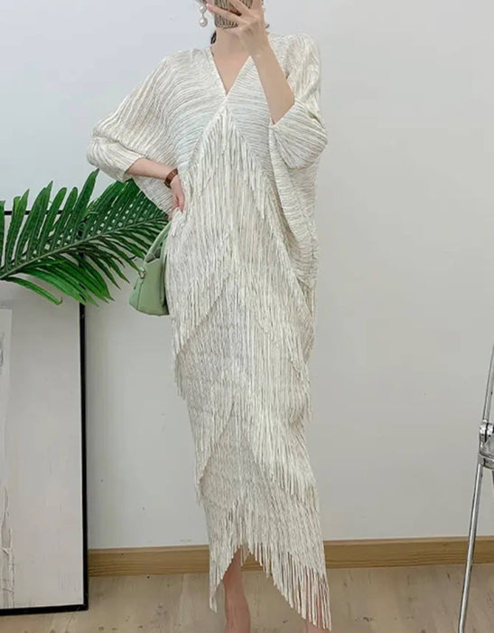 Asymmetrical Tassel Pleated Dress - BEYAZURA.COM