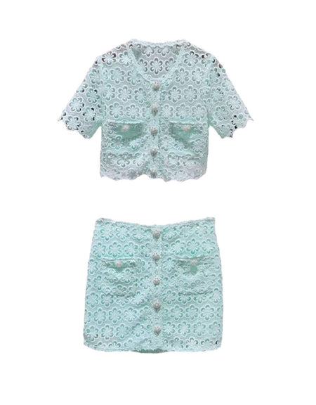 Mint Green Crochet Shirt And Skirt Set - BEYAZURA.COM