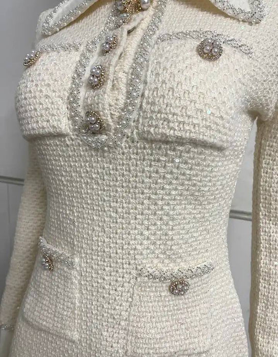 Sequined Knit Mini Dress in Beige - BEYAZURA.COM