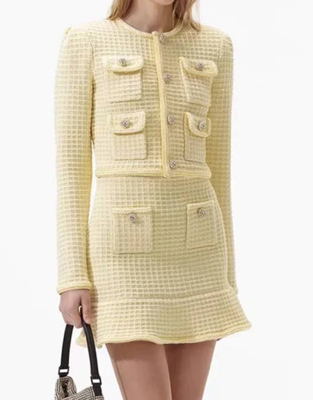 Yellow Knit Jacket And Skirt Set - BEYAZURA.COM