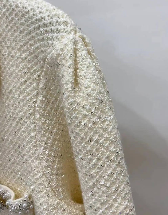 Sequined Knit Mini Dress in Beige - BEYAZURA.COM