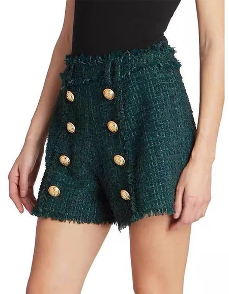 Green Gold Button Tweed Shorts - BEYAZURA.COM