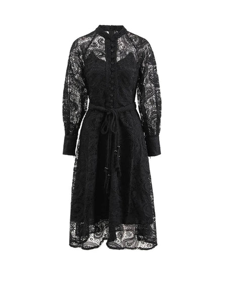 Black Button Down Lace Midi Dress - BEYAZURA.COM