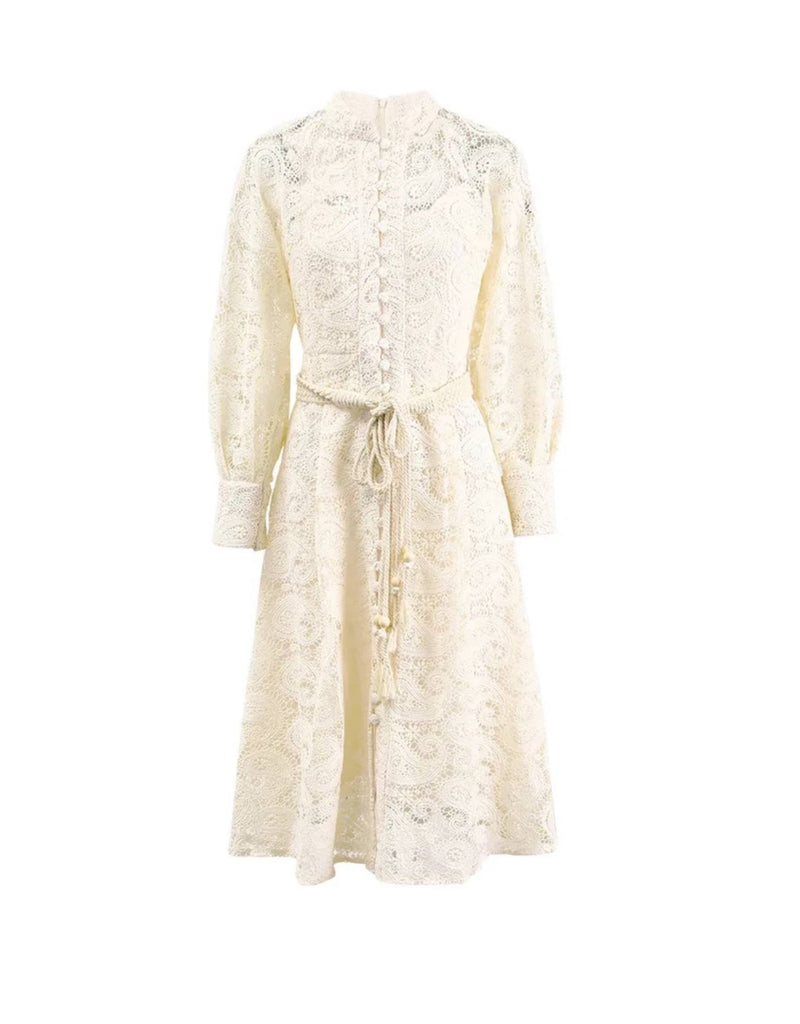 Beige Button Down Lace Midi Dress– Beyazura.com
